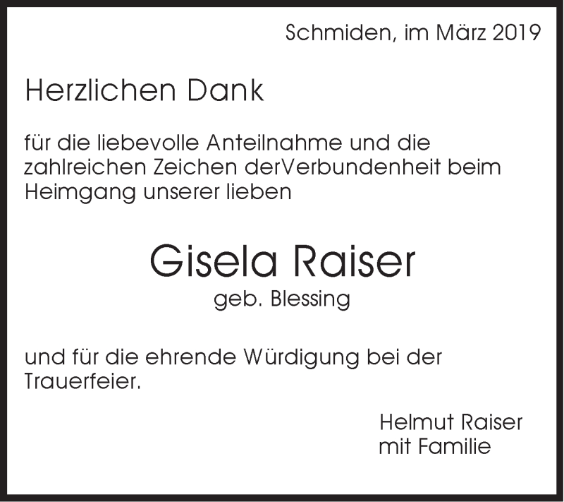  Traueranzeige für Gisela Raiser vom 02.03.2019 aus Stuttgarter Zeitung / Stuttgarter Nachrichten