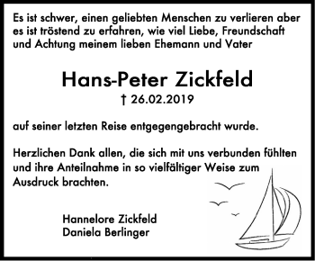 Traueranzeige von Hans-Peter Zickfeld von Stuttgarter Zeitung / Stuttgarter Nachrichten