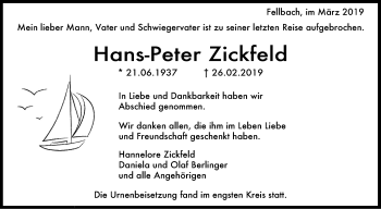 Traueranzeige von Hans-Peter Zickfeld von Stuttgarter Zeitung / Stuttgarter Nachrichten