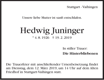 Traueranzeige von Hedwig Juninger von Stuttgarter Zeitung / Stuttgarter Nachrichten