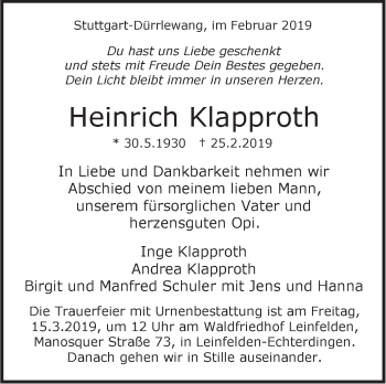 Traueranzeige von Heinrich Klapproth von Stuttgarter Zeitung / Stuttgarter Nachrichten