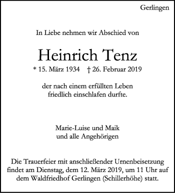 Traueranzeige von Heinrich Tenz von Stuttgarter Zeitung / Stuttgarter Nachrichten