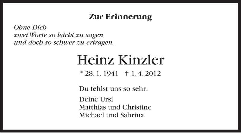  Traueranzeige für Heinz Kinzler vom 01.04.2019 aus Stuttgarter Zeitung / Stuttgarter Nachrichten