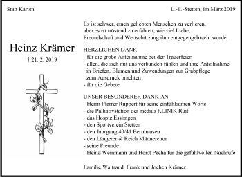 Traueranzeige von Heinz Krämer von Stuttgarter Zeitung / Stuttgarter Nachrichten