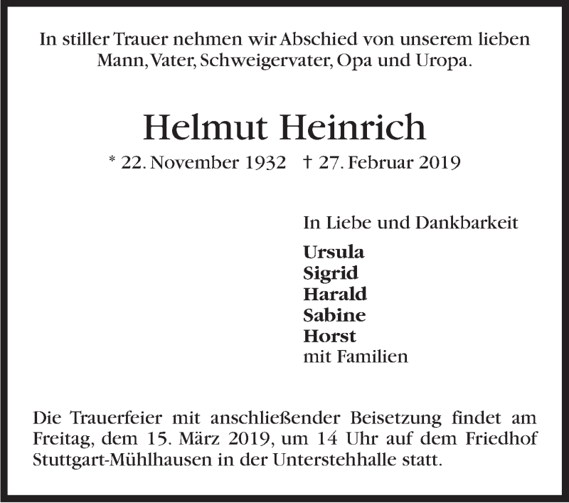  Traueranzeige für Helmut Heinrich vom 09.03.2019 aus Stuttgarter Zeitung / Stuttgarter Nachrichten