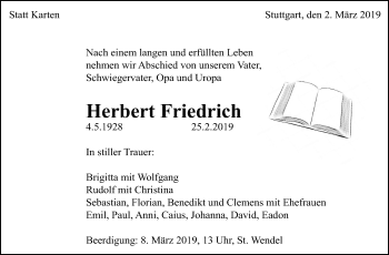 Traueranzeige von Herbert Friedrich von Stuttgarter Zeitung / Stuttgarter Nachrichten