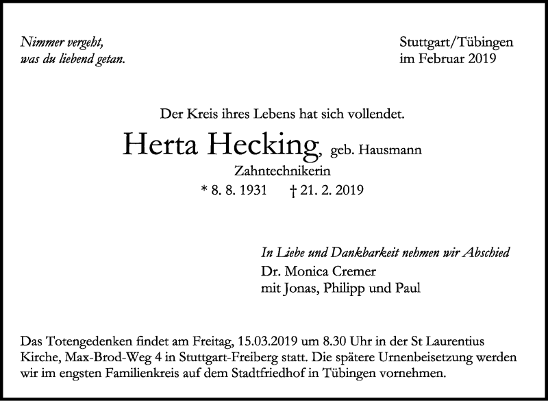  Traueranzeige für Herta Hecking vom 09.03.2019 aus Stuttgarter Zeitung / Stuttgarter Nachrichten