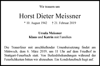 Traueranzeige von Horst Dieter Meissner von Stuttgarter Zeitung / Stuttgarter Nachrichten