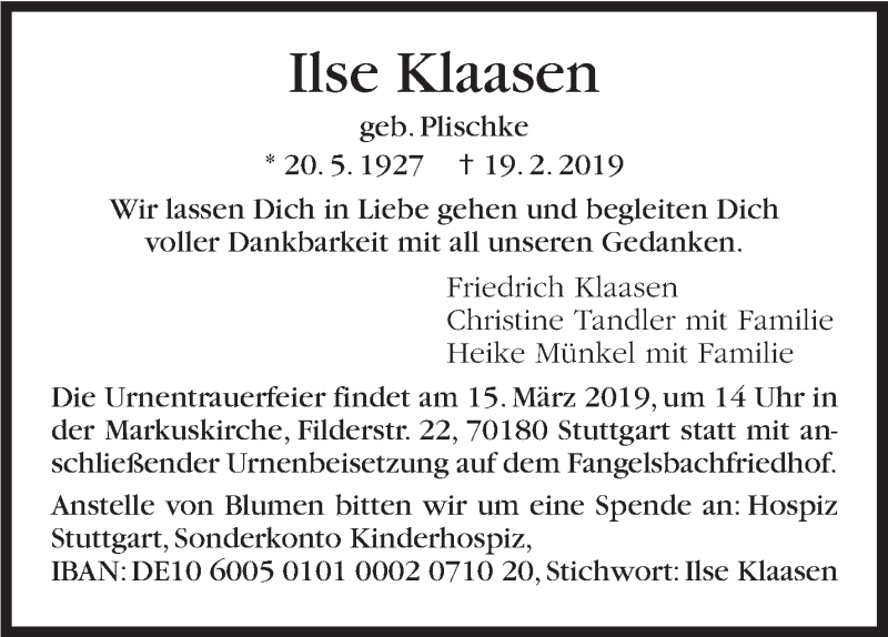  Traueranzeige für Ilse Klaasen vom 11.03.2019 aus Stuttgarter Zeitung / Stuttgarter Nachrichten