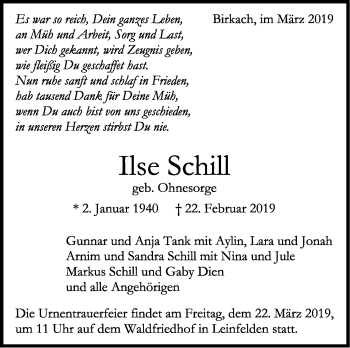 Traueranzeige von Ilse Schill von Stuttgarter Zeitung / Stuttgarter Nachrichten