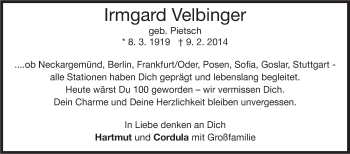 Traueranzeige von Irmgard Velbinger von Stuttgarter Zeitung / Stuttgarter Nachrichten