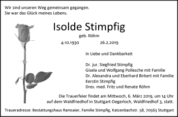 Traueranzeige von Isolde Stimpfig von Stuttgarter Zeitung / Stuttgarter Nachrichten