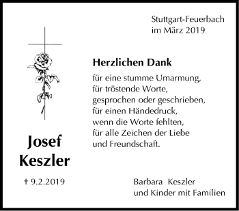Traueranzeige von Josef Keszler von Stuttgarter Zeitung / Stuttgarter Nachrichten