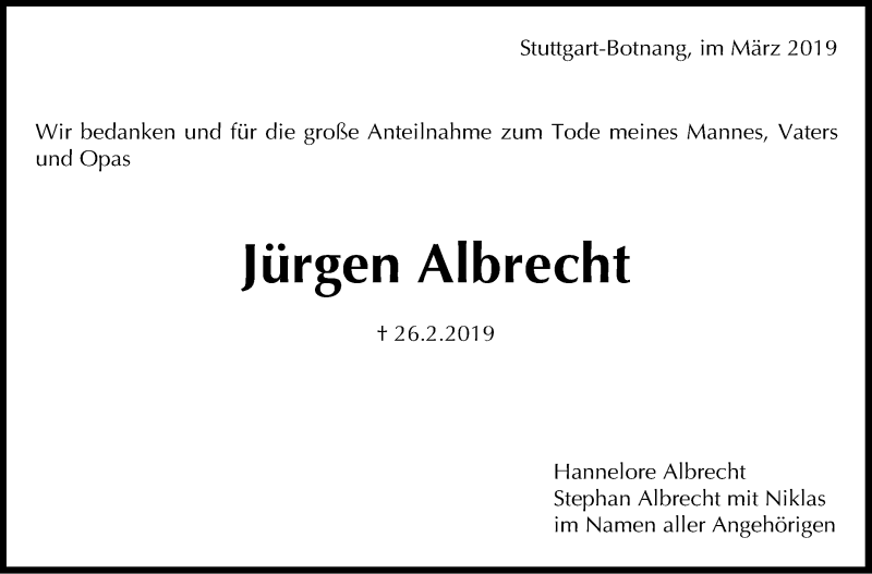  Traueranzeige für Jürgen Albrecht vom 15.03.2019 aus Stuttgarter Zeitung / Stuttgarter Nachrichten