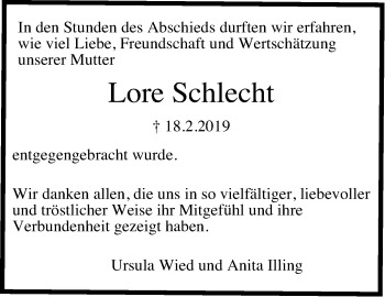 Traueranzeige von Lore Schlecht von Stuttgarter Zeitung / Stuttgarter Nachrichten
