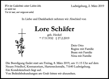 Traueranzeige von Lore Schäfer von Stuttgarter Zeitung / Stuttgarter Nachrichten