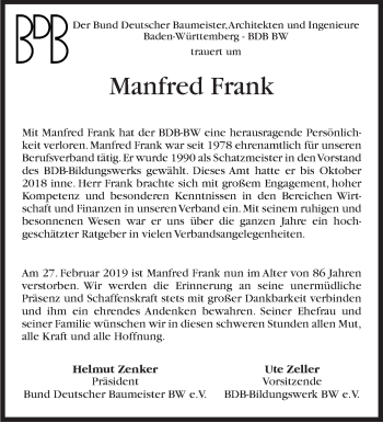 Traueranzeige von Manfred Frank von Stuttgarter Zeitung / Stuttgarter Nachrichten