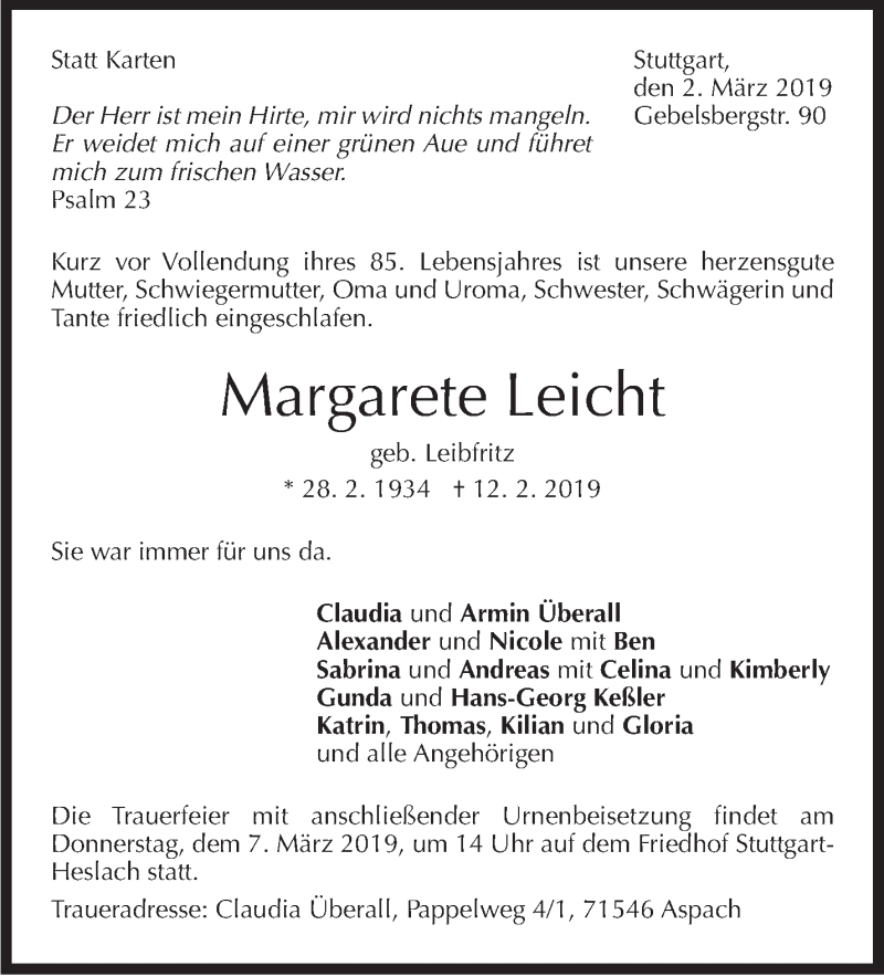  Traueranzeige für Margarete Leicht vom 02.03.2019 aus Stuttgarter Zeitung / Stuttgarter Nachrichten