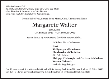 Traueranzeige von Margarete Walter von Stuttgarter Zeitung / Stuttgarter Nachrichten