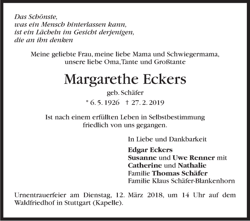  Traueranzeige für Margarethe Eckers vom 09.03.2019 aus Stuttgarter Zeitung / Stuttgarter Nachrichten