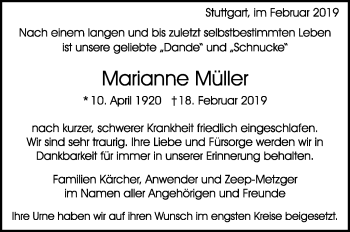 Traueranzeige von Marianne Müller von Stuttgarter Zeitung / Stuttgarter Nachrichten
