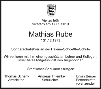 Traueranzeige von Mathias Rube von Stuttgarter Zeitung / Stuttgarter Nachrichten