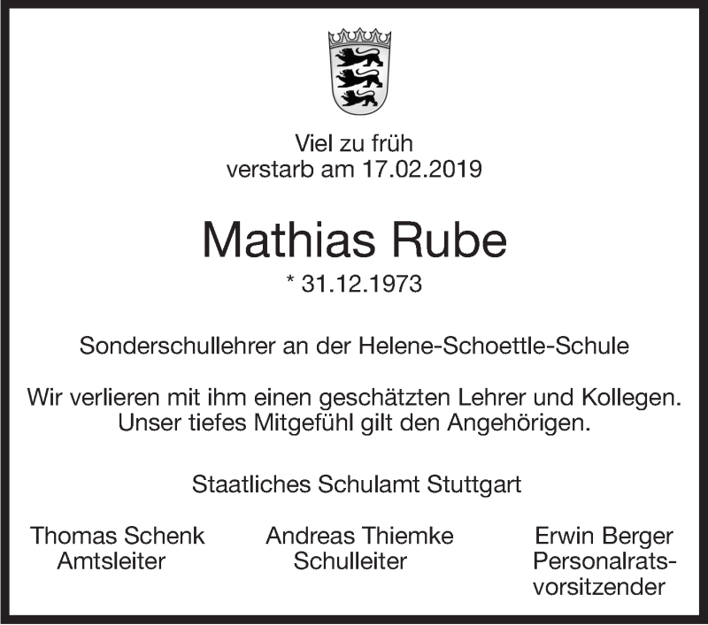  Traueranzeige für Mathias Rube vom 14.03.2019 aus Stuttgarter Zeitung / Stuttgarter Nachrichten