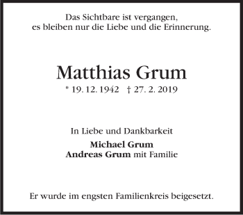 Traueranzeige von Matthias Grum von Stuttgarter Zeitung / Stuttgarter Nachrichten