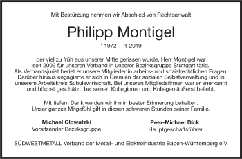 Traueranzeige von Philipp Montigel von Stuttgarter Zeitung / Stuttgarter Nachrichten
