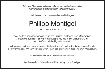 Traueranzeige von Philipp Montigel von Stuttgarter Zeitung / Stuttgarter Nachrichten
