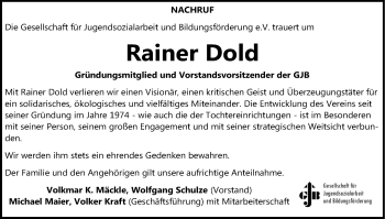 Traueranzeige von Rainer Dold von Stuttgarter Zeitung / Stuttgarter Nachrichten