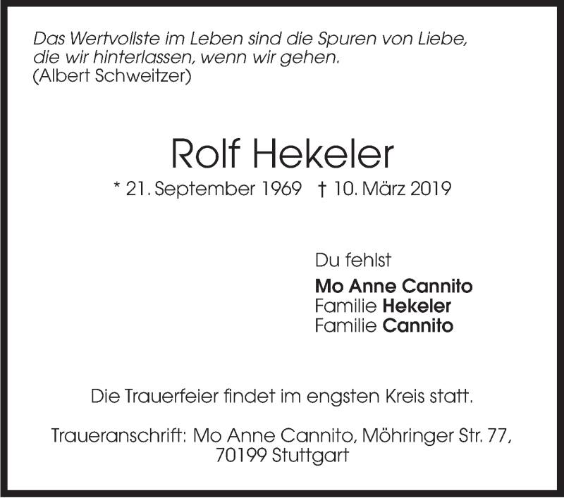  Traueranzeige für Rolf Hekeler vom 16.03.2019 aus Stuttgarter Zeitung / Stuttgarter Nachrichten