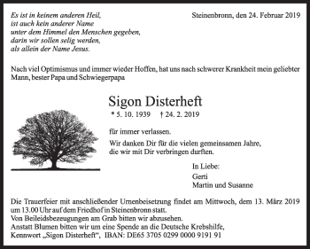Traueranzeige von Sigon Disterheft von Stuttgarter Zeitung / Stuttgarter Nachrichten