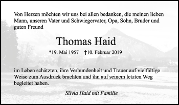 Traueranzeige von Thomas Haid von Stuttgarter Zeitung / Stuttgarter Nachrichten