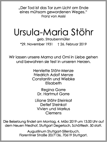 Traueranzeige von Ursula-Maria Stöhr von Stuttgarter Zeitung / Stuttgarter Nachrichten