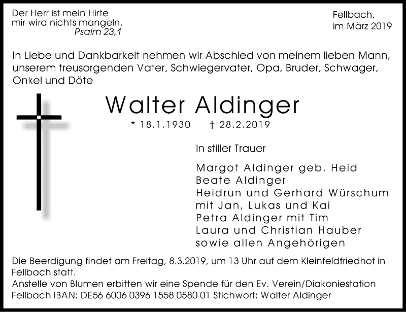  Traueranzeige für Walter Aldinger vom 04.03.2019 aus Stuttgarter Zeitung / Stuttgarter Nachrichten