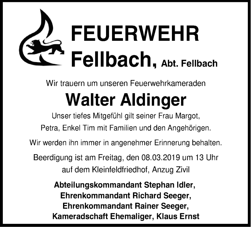  Traueranzeige für Walter Aldinger vom 05.03.2019 aus Stuttgarter Zeitung / Stuttgarter Nachrichten