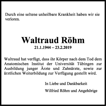 Traueranzeige von Waltraud Röhm von Stuttgarter Zeitung / Stuttgarter Nachrichten
