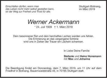 Traueranzeige von Werner Ackermann von Stuttgarter Zeitung / Stuttgarter Nachrichten