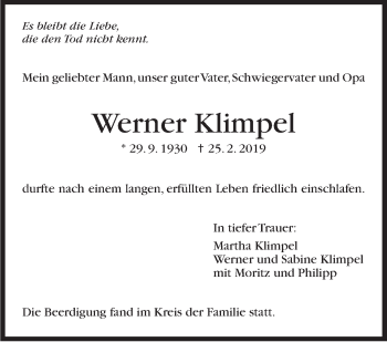 Traueranzeige von Werner Klimpel von Stuttgarter Zeitung / Stuttgarter Nachrichten
