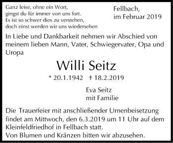 Traueranzeige von Willi Seitz von Stuttgarter Zeitung / Stuttgarter Nachrichten