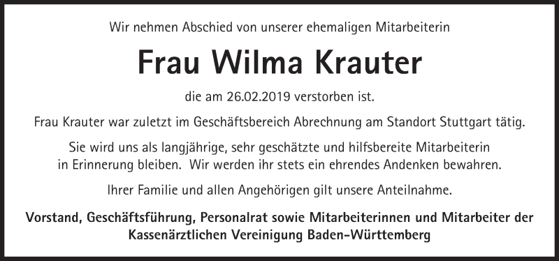  Traueranzeige für Wilma Krauter vom 19.03.2019 aus Stuttgarter Zeitung / Stuttgarter Nachrichten