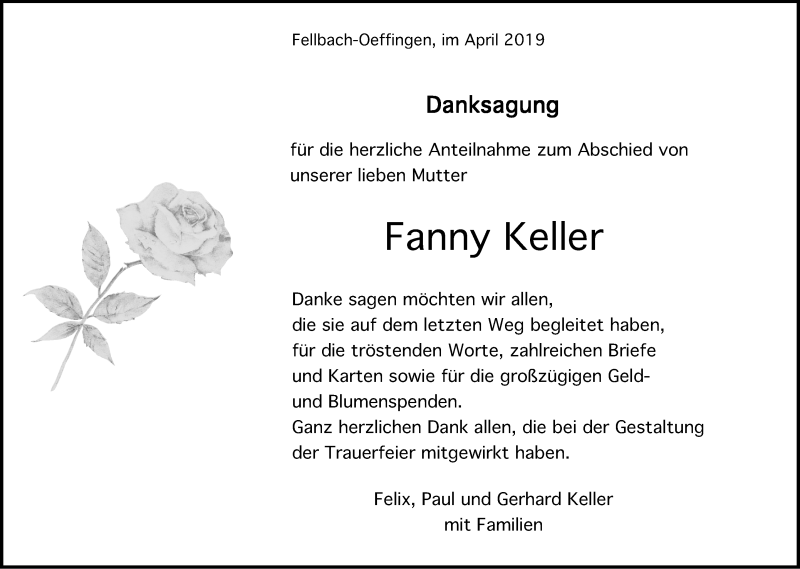  Traueranzeige für Fanny Keller vom 11.04.2019 aus Stuttgarter Zeitung / Stuttgarter Nachrichten