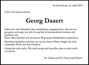Traueranzeige von Georg Dazert von Stuttgarter Zeitung / Stuttgarter Nachrichten