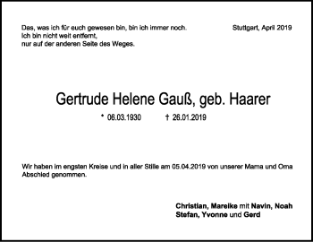 Traueranzeige von Gertrude Helene Gauß von Stuttgarter Zeitung / Stuttgarter Nachrichten