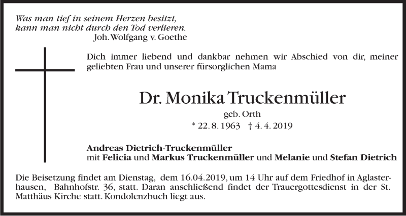  Traueranzeige für Monika Truckenmüller vom 13.04.2019 aus Stuttgarter Zeitung / Stuttgarter Nachrichten