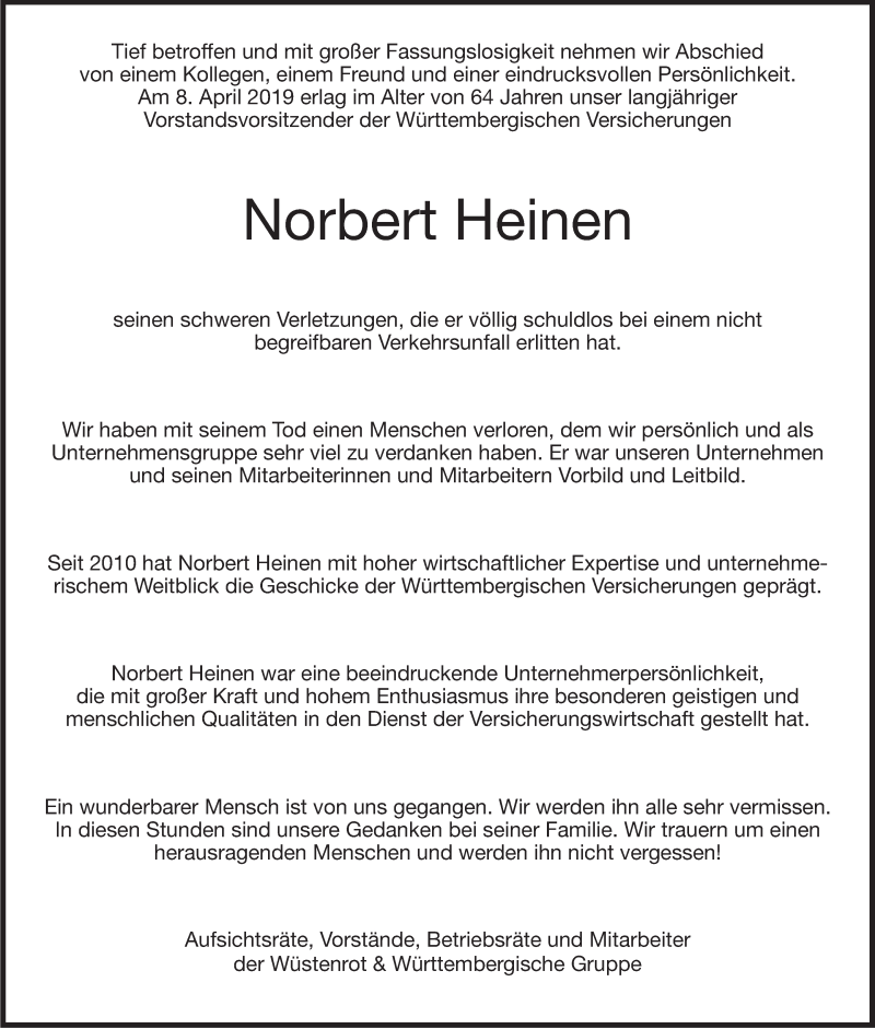  Traueranzeige für Norbert Heinen vom 13.04.2019 aus Stuttgarter Zeitung / Stuttgarter Nachrichten