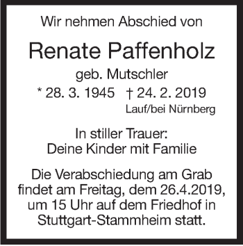 Traueranzeige von Renate Paffenholz von Stuttgarter Zeitung / Stuttgarter Nachrichten