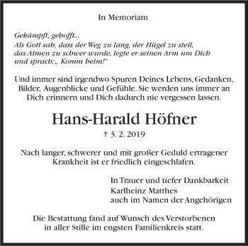 Traueranzeige von Hans-Harald Höfner von Stuttgarter Zeitung / Stuttgarter Nachrichten