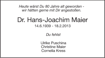 Traueranzeige von Hans-Joachim Maier von Stuttgarter Zeitung / Stuttgarter Nachrichten